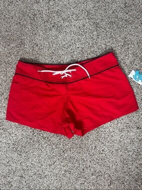 Red Lace-Up Low Waist Board Swim Shorts